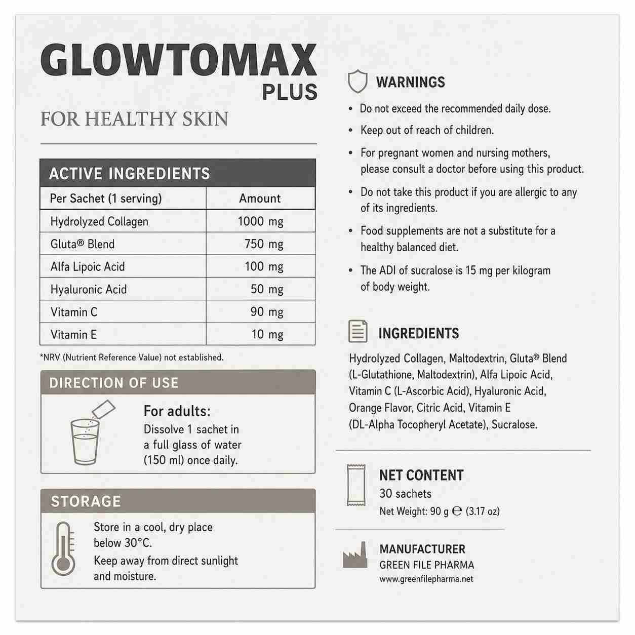 GLOWTOMAX PLUS Glutathione, Collagen & Hyaluronic Acid Skin Formula | 30 Sachets