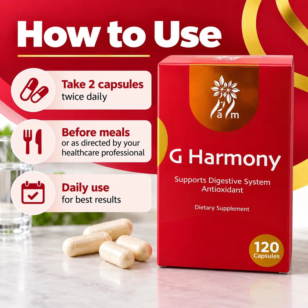 G Harmony 120 Capsules dosage instructions: take 2 capsules twice daily before meals or as directed by a healthcare professional.