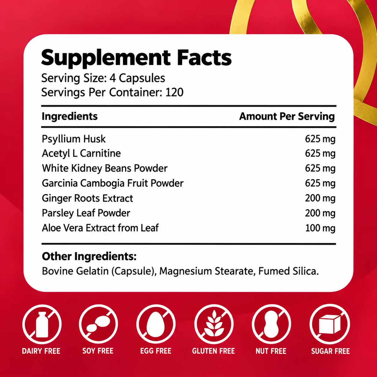 G Harmony supplement facts showing psyllium husk, acetyl L-carnitine, white kidney bean, garcinia cambogia and herbal extracts.