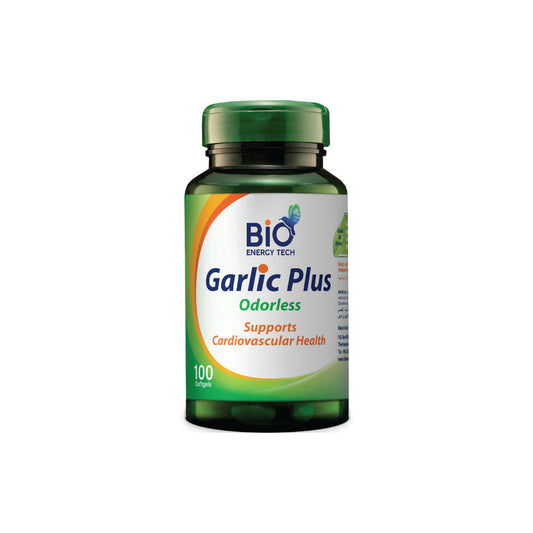 Bio Garlic Plus Odorless Garlic softgels with garlic oil and parsley for blood pressure and heart health support.