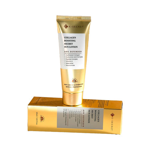 K-Secret Collagen Boosting Sun Lotion (60ml) – SPF 50+ PA++++, anti-aging, hydrating, and wrinkle care in one formula.