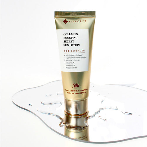 Lightweight Korean sun lotion with 56% hydrolyzed collagen for firm, radiant skin and advanced UV protection.