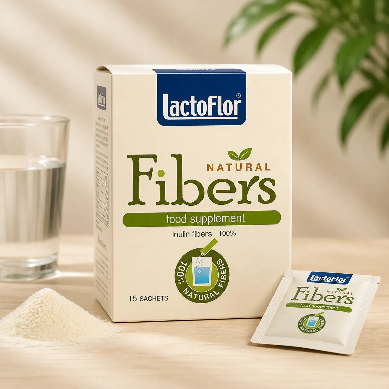 Lactoflor Natural Fibers food supplement packaging on a table with a glass of water and a plant in the background.