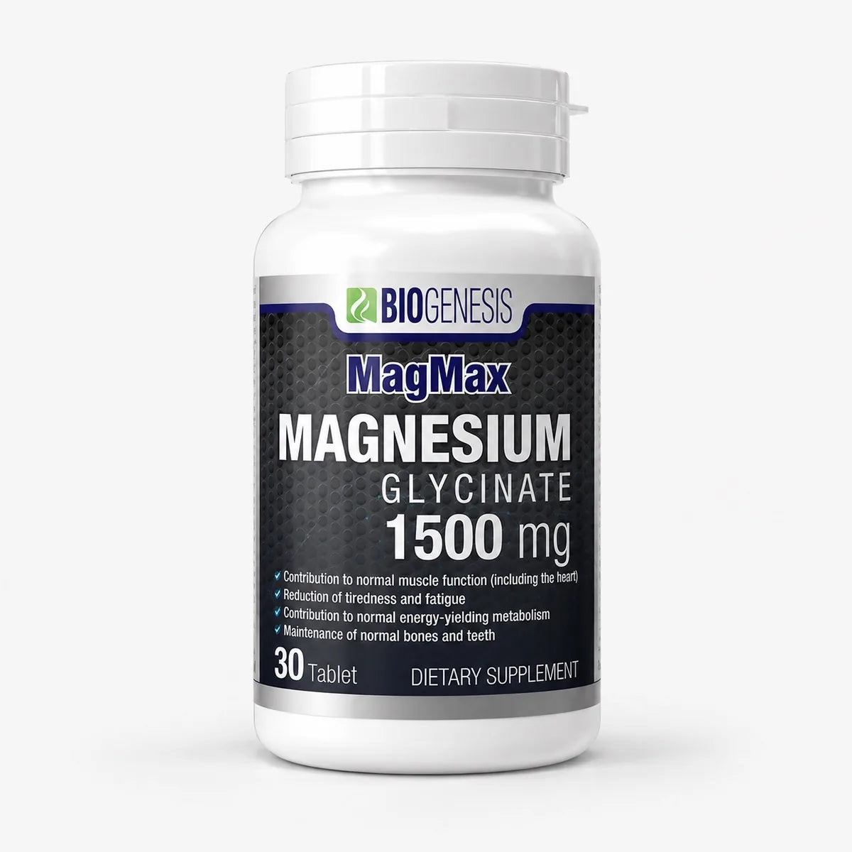 Magnesium Glycinate 1500 mg infographic explaining approximately 200 mg elemental magnesium, muscle function, nervous system support, energy metabolism, and high bioavailability.