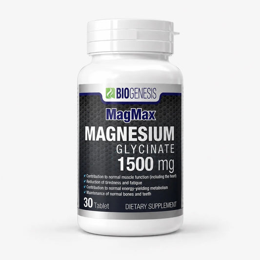 Magnesium Glycinate 1500 mg infographic explaining approximately 200 mg elemental magnesium, muscle function, nervous system support, energy metabolism, and high bioavailability.