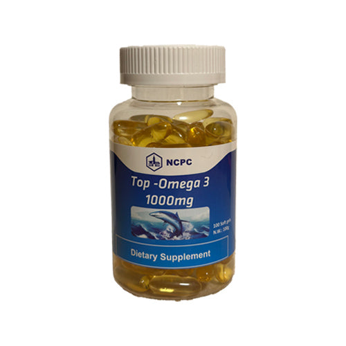 Top-Omega 3 1000 mg – 100 softgels with EPA, DHA, and Vitamin E for heart, brain, and vision support. Gelatin-based softgels.