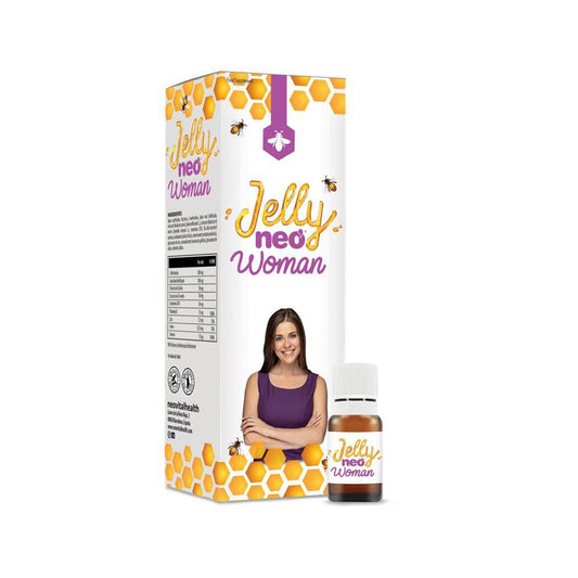 Packaging of Neo Woman Jelly featuring a box with 'Jelly Needed Woman' text and a purple-colored image of a woman. A bottle of the product is also visible, along with a graphic of bees which appears to be related to the product's ingredient, royal jelly.
