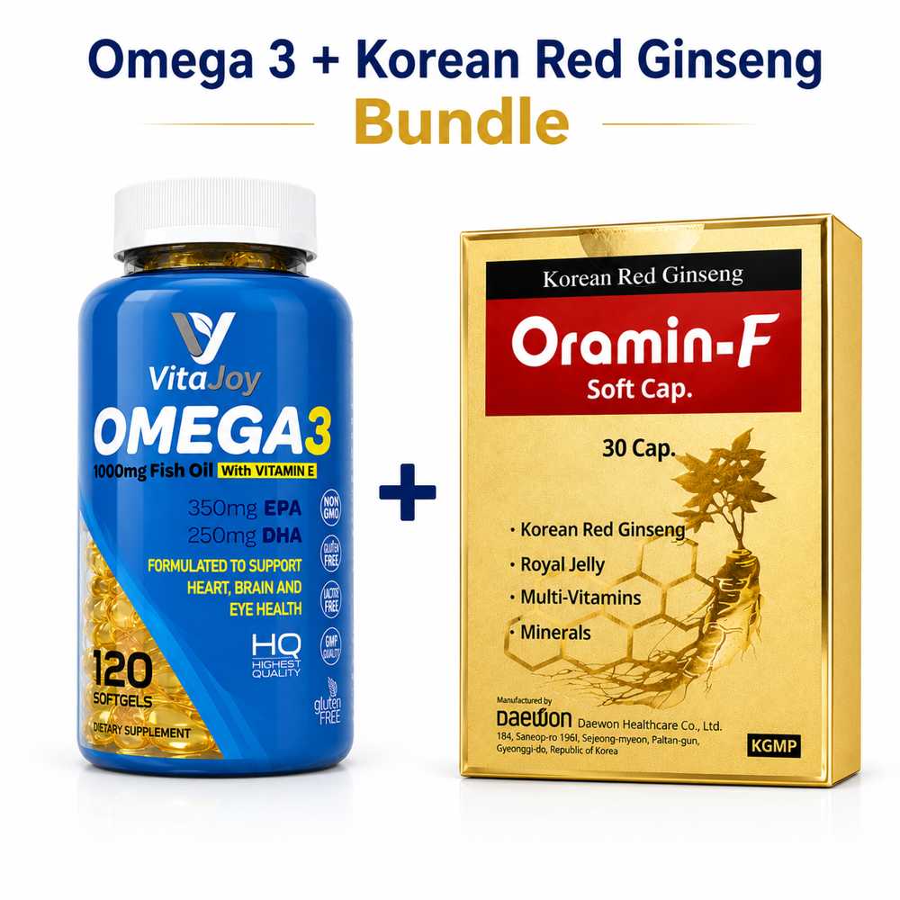 VitaJoy Omega 3 fish oil softgels with vitamin E providing 350mg EPA and 250mg DHA per capsule for heart, brain and eye health support.