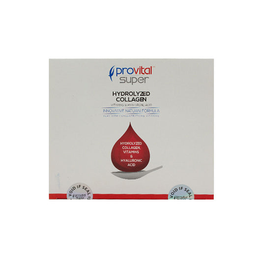 A packaging box of Provital Super Hydrolyzed Collagen with a red drop icon indicating the main ingredient. The box mentions 30 vials and highlights the benefits for skin and joint health.
