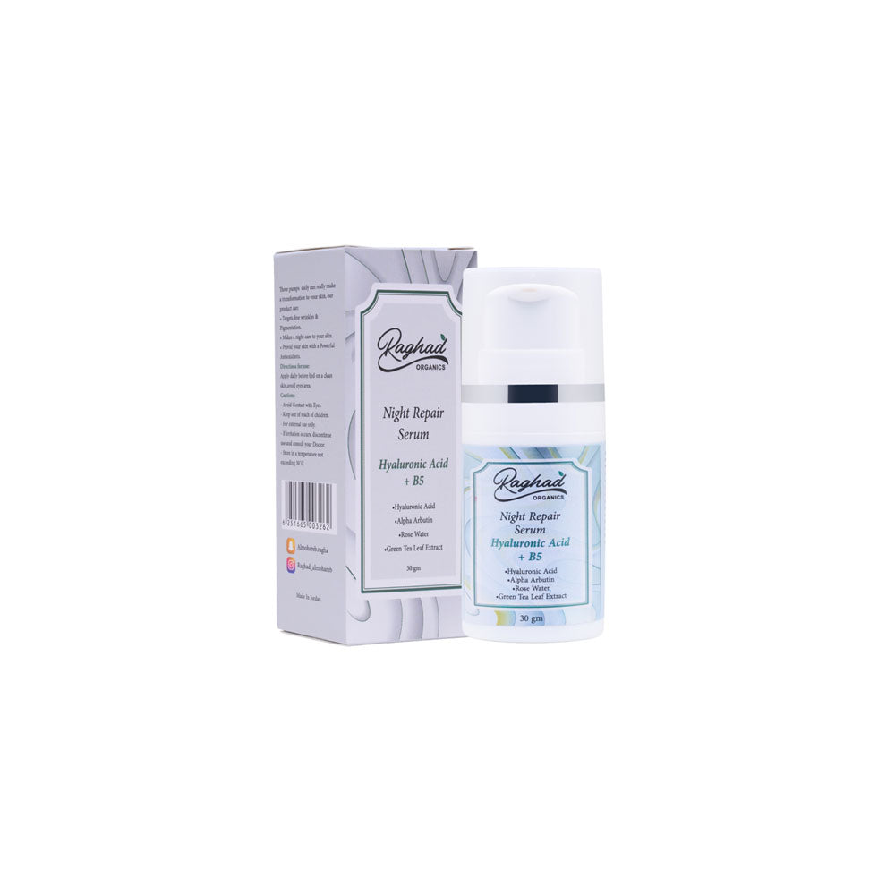 A bottle of Raghad Organics Night Repair Serum a lightweight formula with Alpha Arbutin & Hyaluronic Acid to brighten and hydrate overnight.