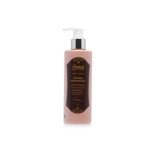 Hydrating Oriental Mademoiselle Body Lotion with a luxurious oud and amber scent, leaving skin soft, smooth, and refreshed.