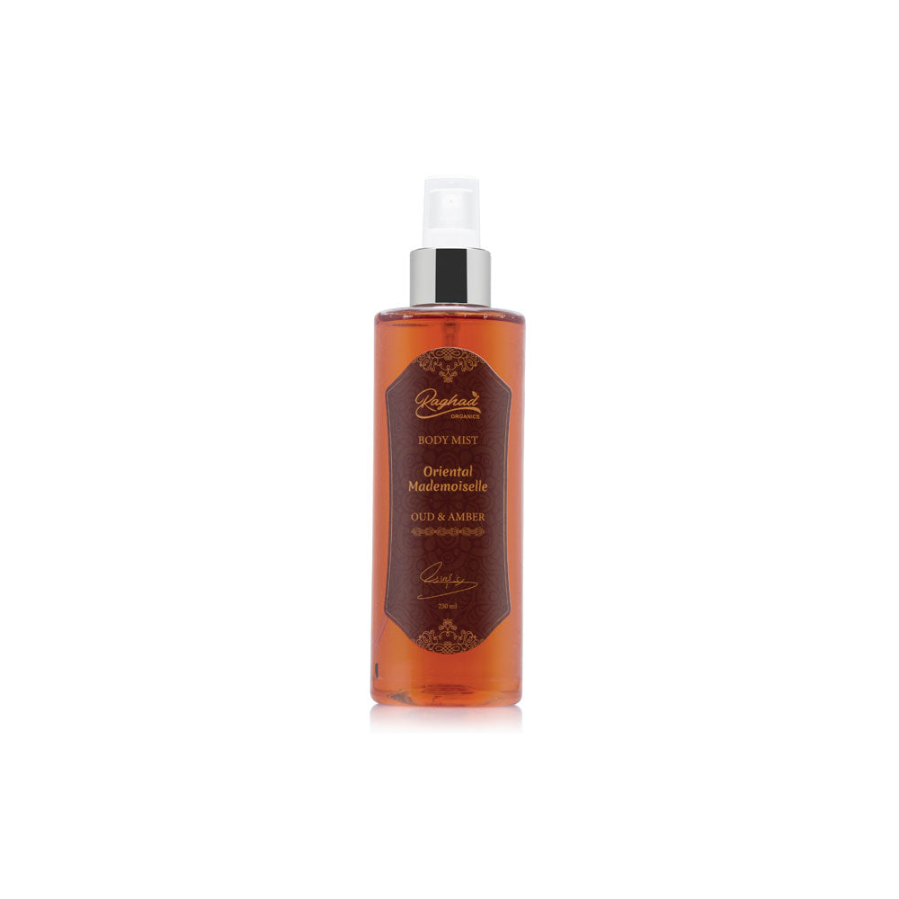 Raghad Organics Oriental Mademoiselle Body Splash, a seductive, long-lasting fragrance for confidence and freshness all day.