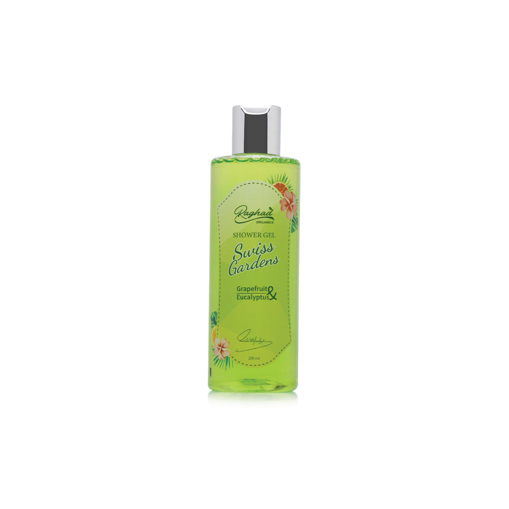 Raghad Organics Swiss Gardens Shower Gel bottle with refreshing and hydrating formula for soft, smooth skin, leaving a fragrant and clean finish.