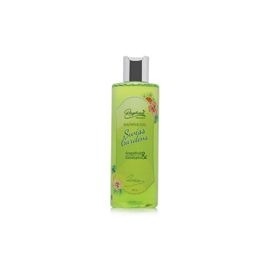 Raghad Organics Swiss Gardens Shower Gel bottle with refreshing and hydrating formula for soft, smooth skin, leaving a fragrant and clean finish.