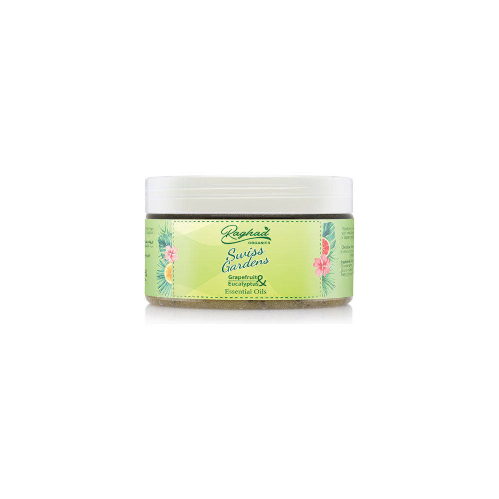Raghad Organics Swiss Gardens Body Scrub with natural ingredients, exfoliates and leaves skin smooth, soft, and rejuvenated.