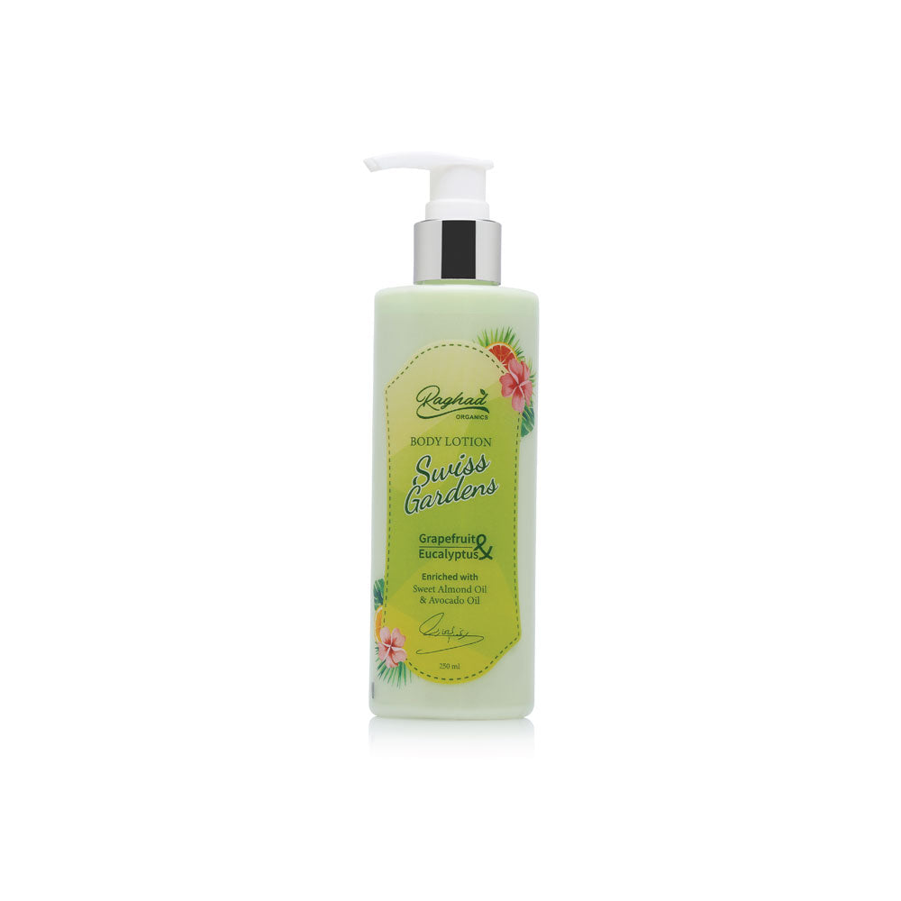 Raghad Organics Swiss Gardens Body Lotion with shea butter and almond oil for soft, hydrated skin. Fast-absorbing and non-greasy formula.