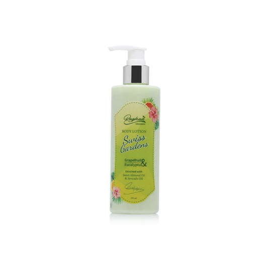 Raghad Organics Swiss Gardens Body Lotion with shea butter and almond oil for soft, hydrated skin. Fast-absorbing and non-greasy formula.