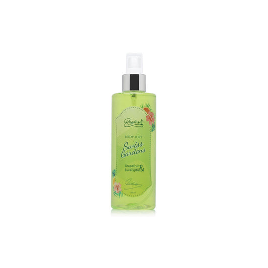 A bottle of Raghad Organics Swiss Gardens Body Splash, a light and refreshing fragrance designed for all-day confidence and a long-lasting scent.