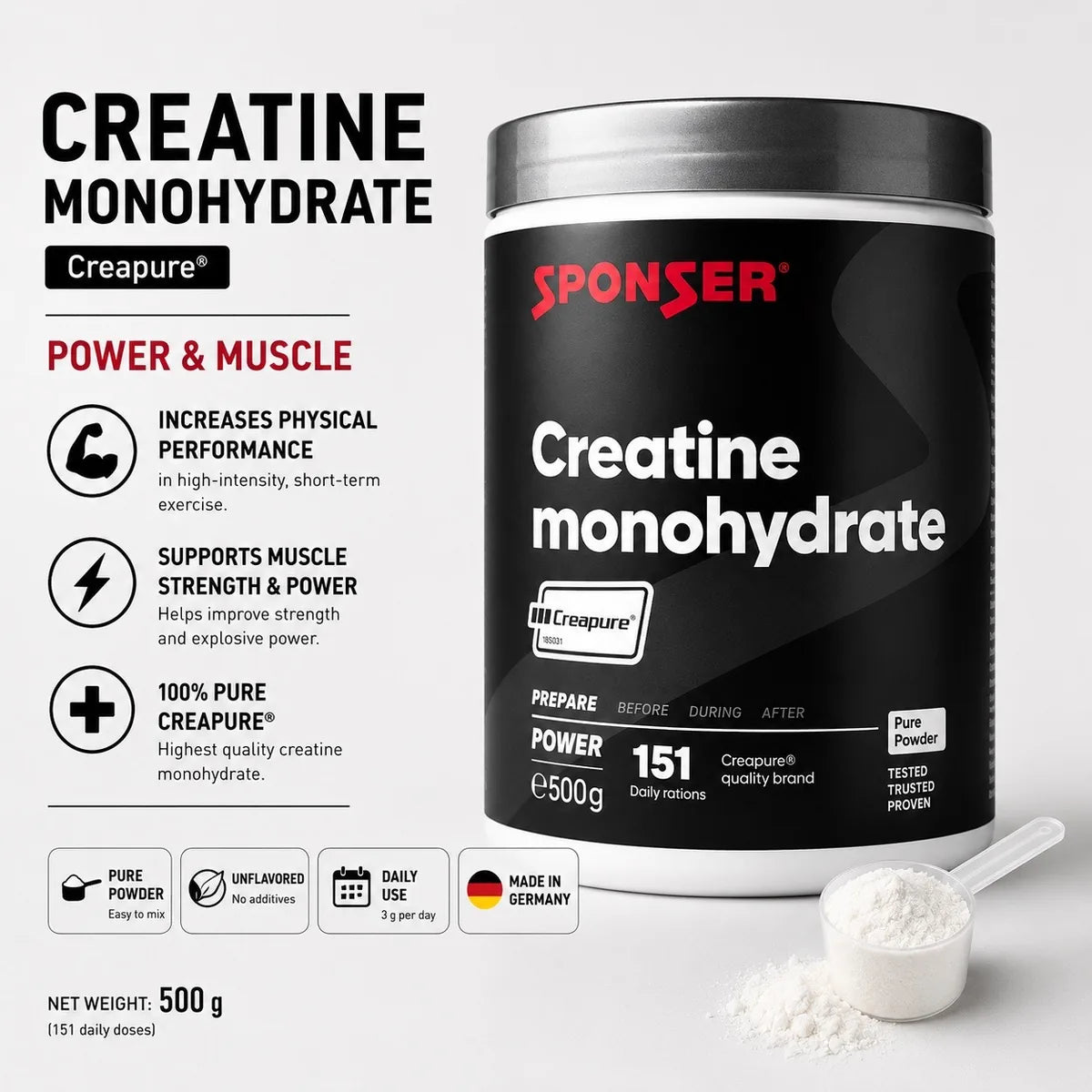 Sponser Creatine Monohydrate Creapure® 500 g premium pure creatine powder