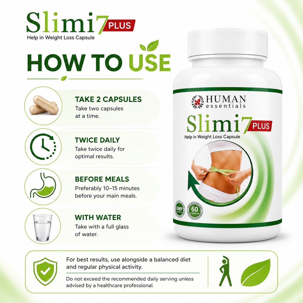 Slimi7 Plus daily serving instructions showing how to take the supplement before meals with water