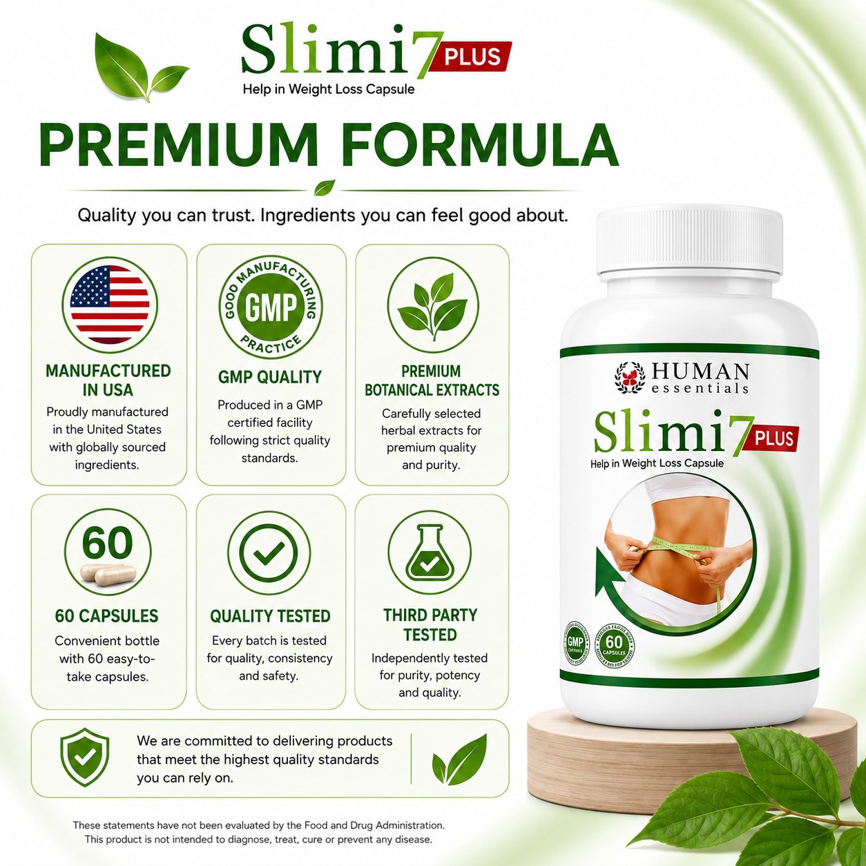 Slimi7 Plus Premium Formula dietary supplement bottle by Human Ingredients, shown on a white background with green leaf graphics and informational icons about GMP, botanical extracts, 60 capsules, and third-party testing.