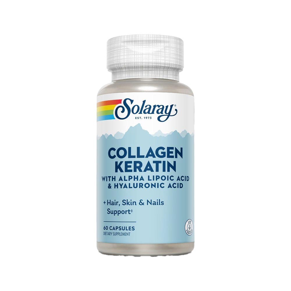 Solaray Collagen Keratin capsules with Hyaluronic Acid for skin hydration, hair strength, and nail support