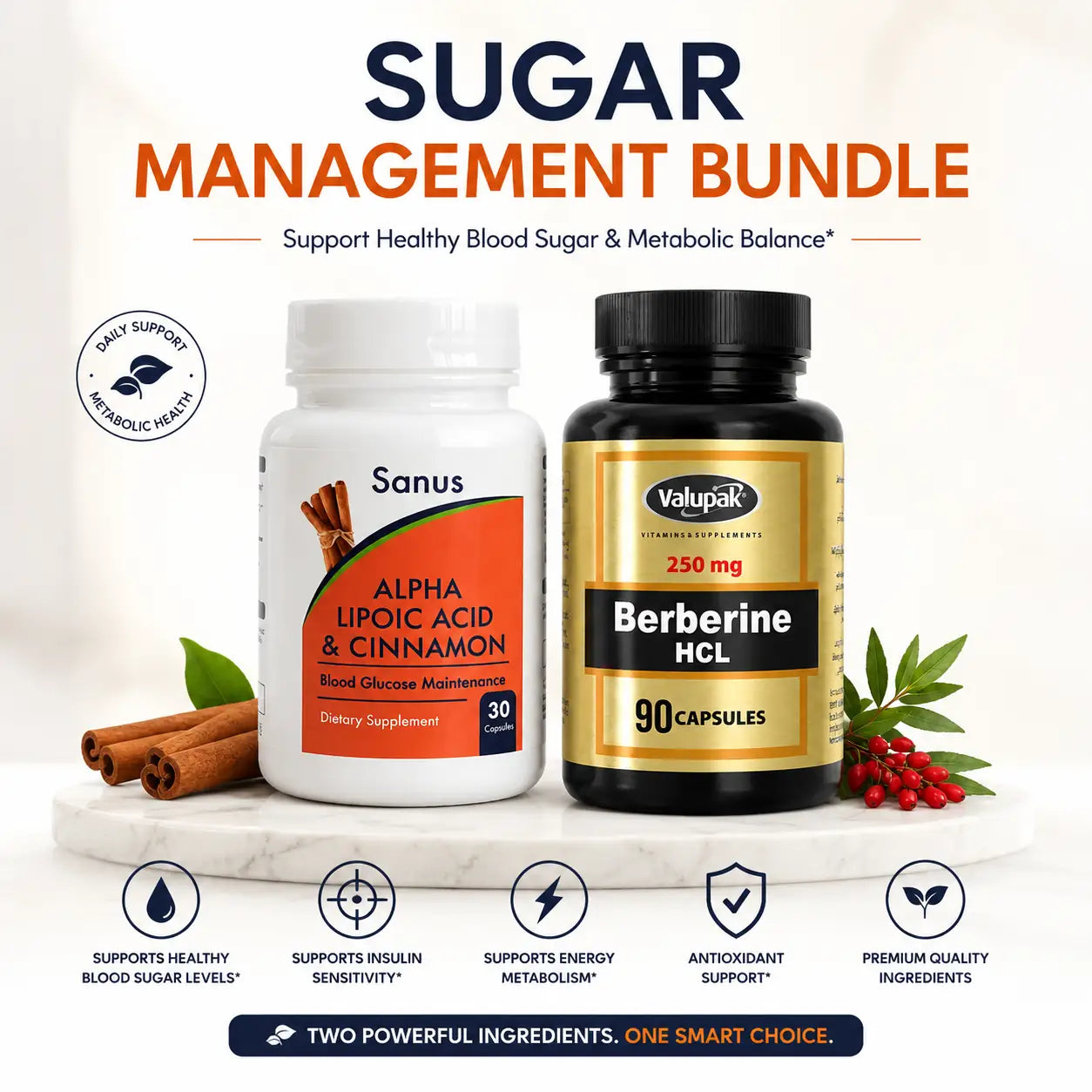 Sugar Management Bundle with Berberine HCl and Alpha Lipoic Acid Cinnamon supplements for healthy blood sugar support