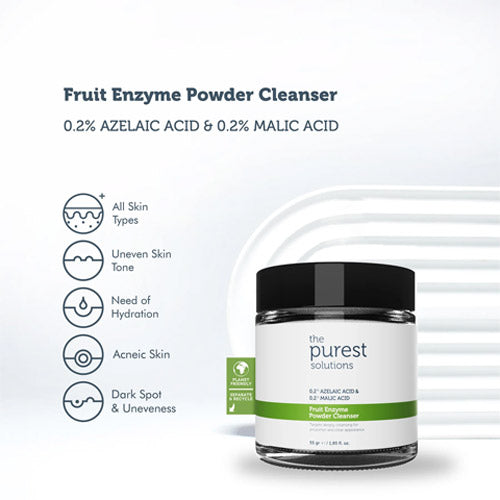 Close-up of The Purest Solutions Fruit Enzyme Powder Cleanser bottle, highlighting key ingredients and benefits.