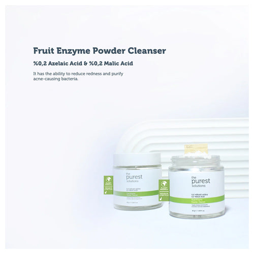 Azelaic and malic acids in The Purest Solutions Fruit Enzyme Powder Cleanser help exfoliate, brighten skin, and refine pores.