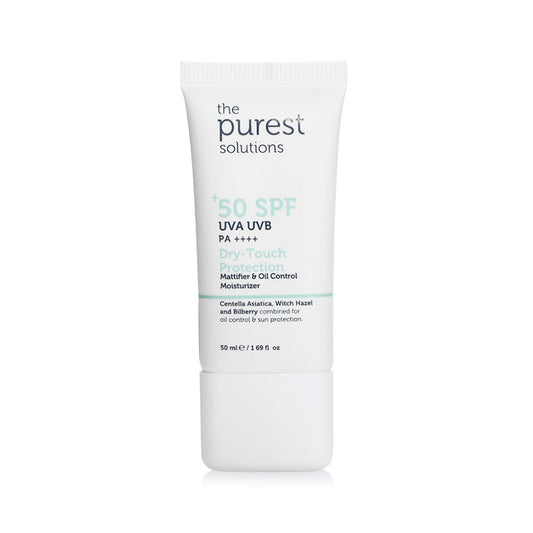 Mattifying sunscreen with SPF 50+ for oily skin, providing UVA/UVB and blue light protection, moisturizing, and balancing oil production