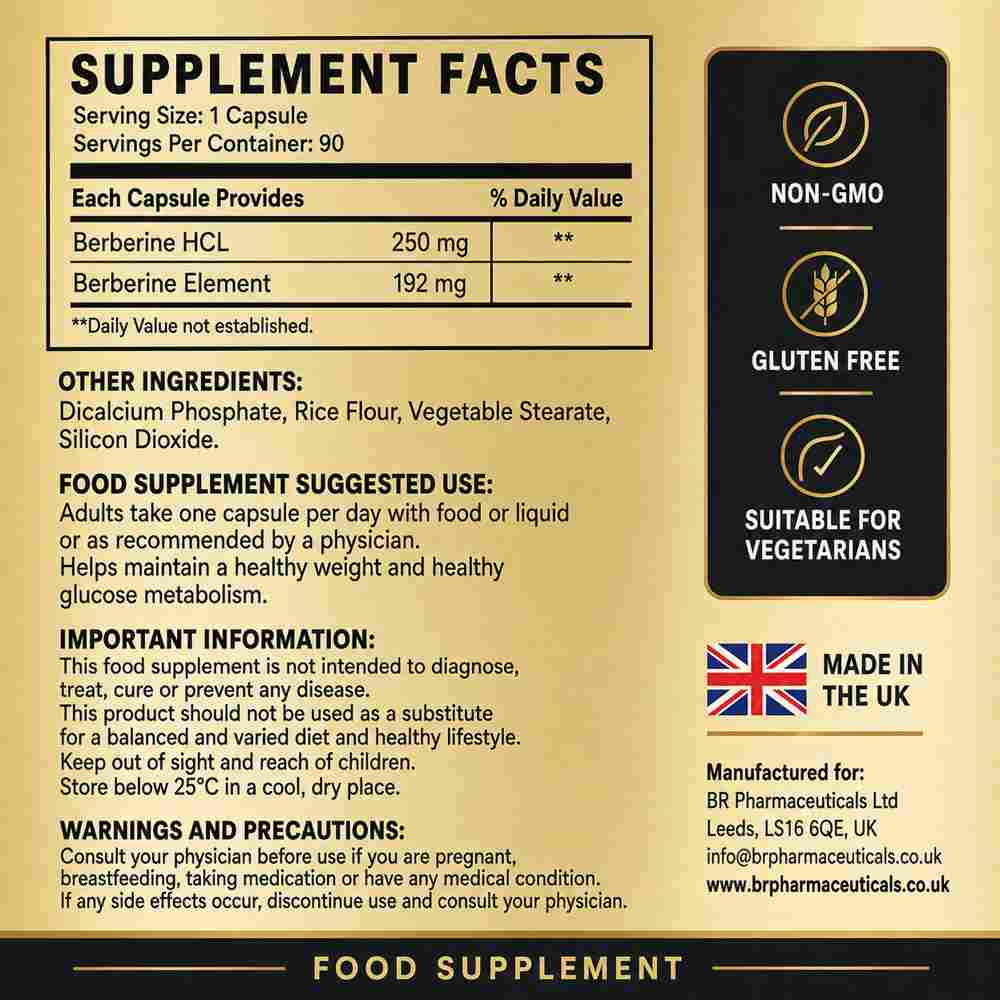 Valupak Berberine HCL 250mg Dietary Supplement Bottle with 90 Capsules