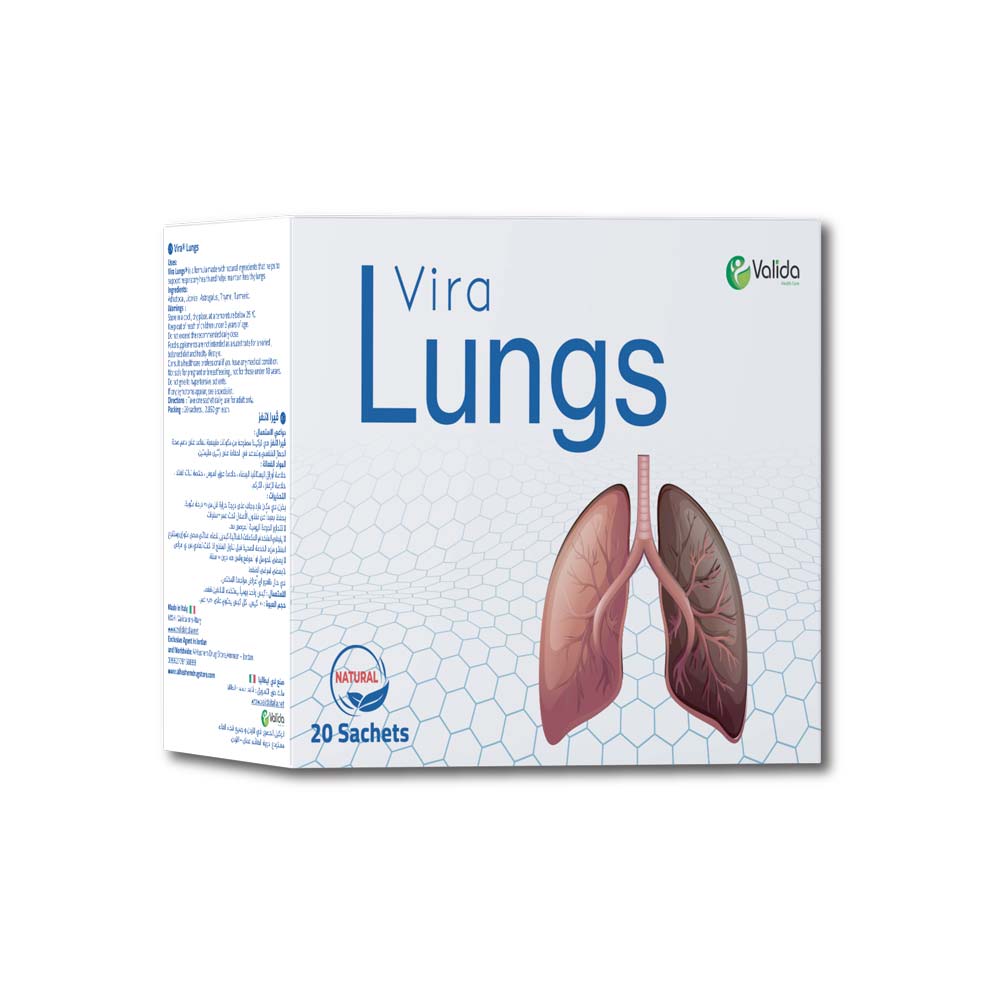 Box of Vira Lungs respiratory support supplement with 20 sachets, featuring an image of a human lung and plant extracts.