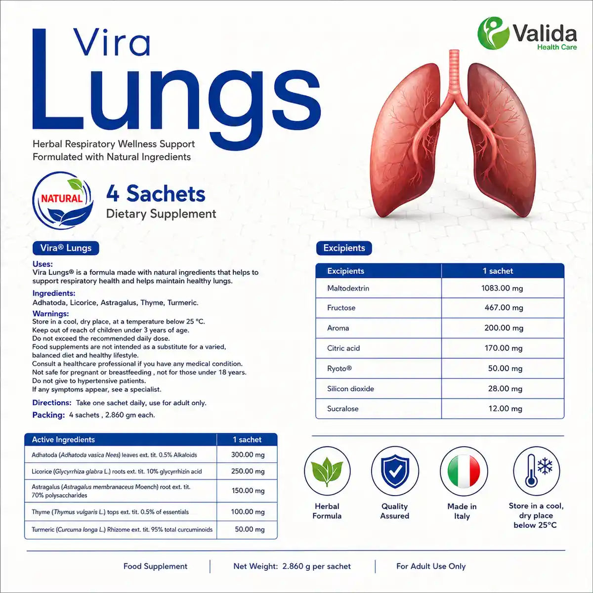 Respiratory Support Supplement Featuring Adhatoda, Licorice, Astragalus, Thyme and Turmeric for Daily Use
