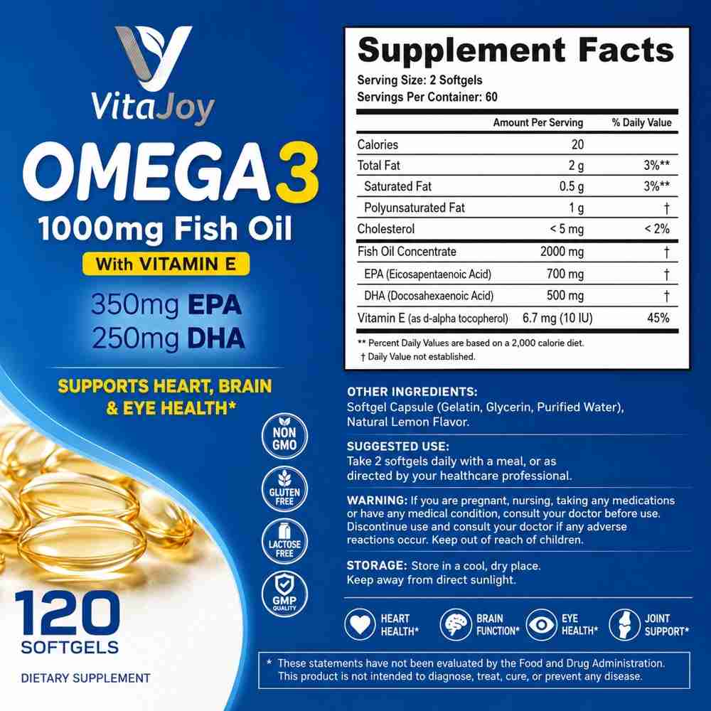 VitaJoy Omega 3 supplement facts label with EPA DHA omega-3 content, vitamin E, dosage instructions, ingredients, and storage information.