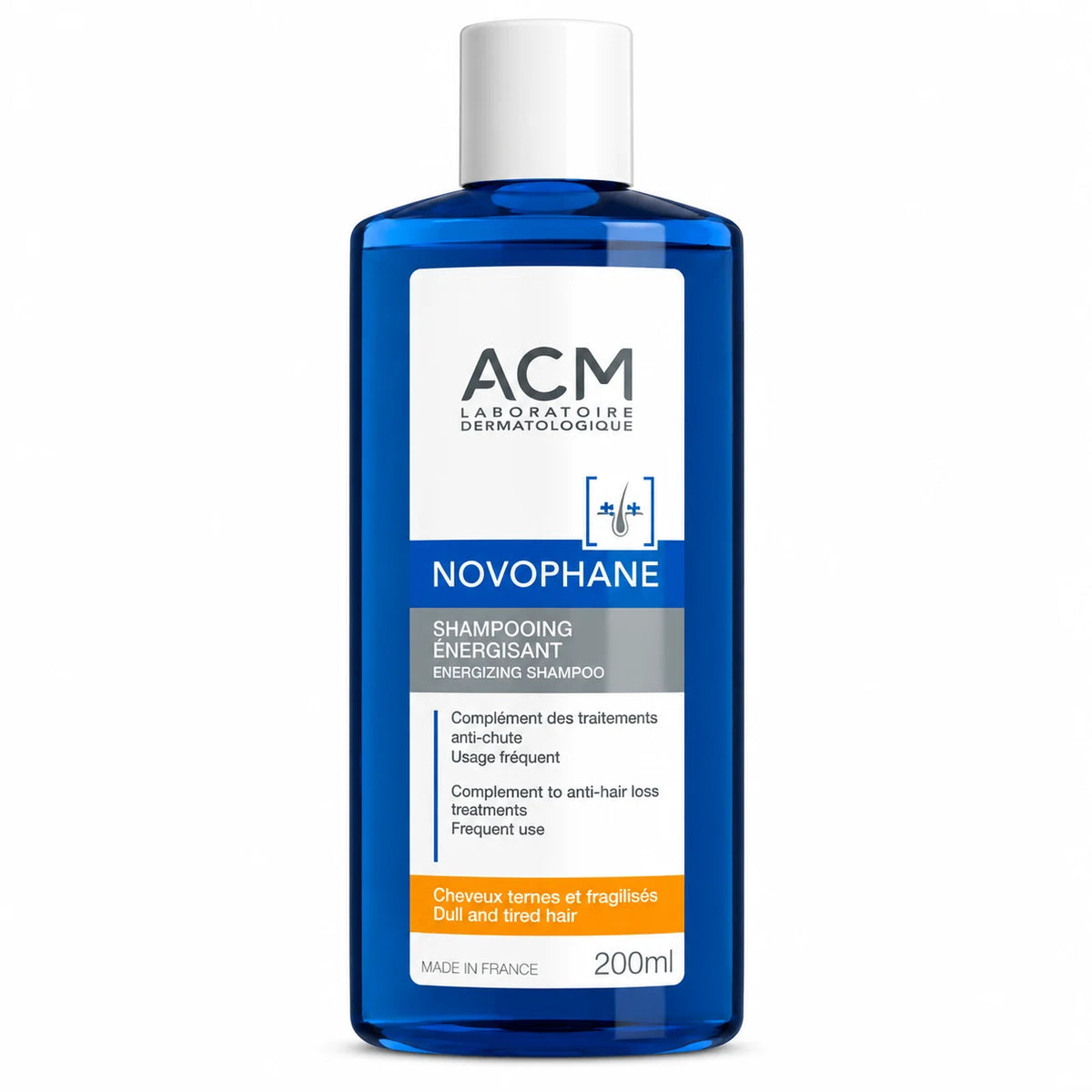 ACM Novophane Energizing Shampoo 200ml, French fortifying shampoo with six vitamins for weak, fragile and thinning hair, supporting hair strength and shine.