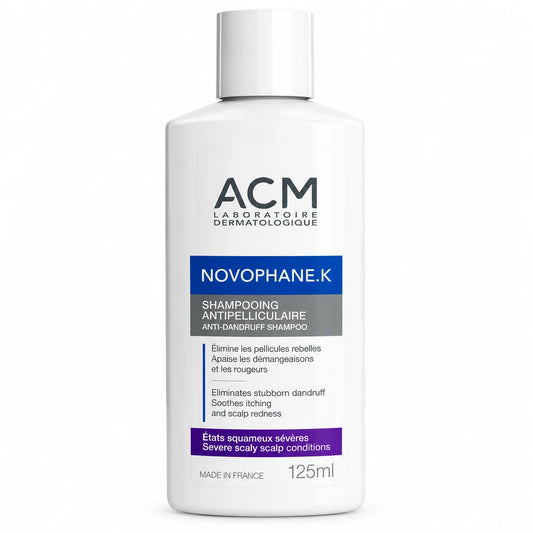 ACM Novophane K Shampoo 125ml intensive anti-dandruff shampoo for severe dandruff, stubborn scalp flakes, itching and redness.