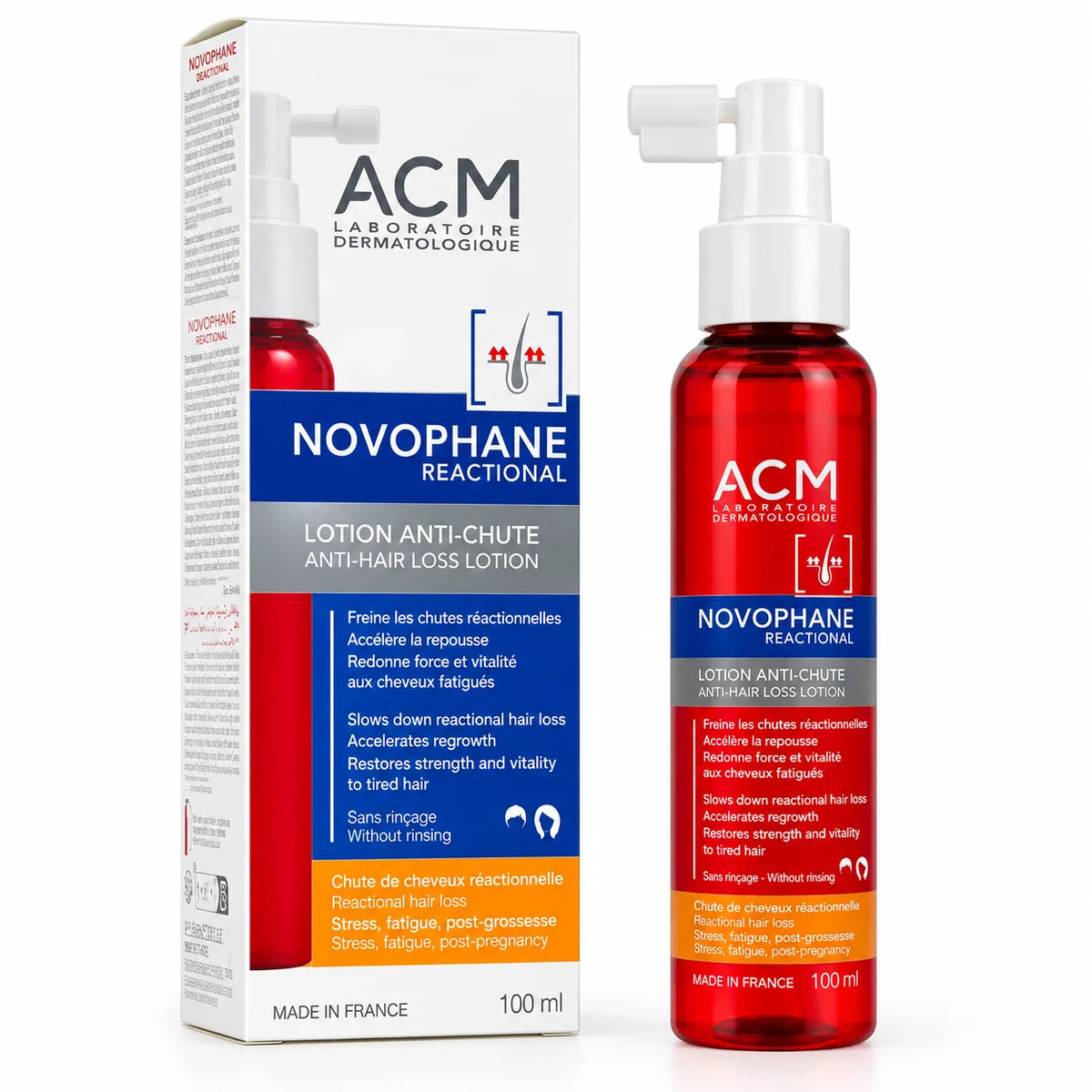 ACM Novophane Reactional Anti-Hair Loss Lotion 100ml with original box and spray bottle, leave-in scalp treatment for hair shedding and regrowth support.