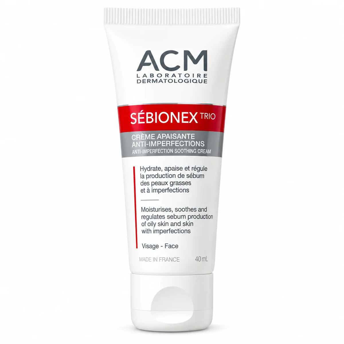 ACM Sebionex Trio 40ml anti-blemish soothing face cream for oily and acne-prone skin, made in France, with sebum-regulating and mattifying benefits.
