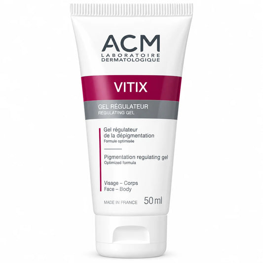 ACM Vitix Regulating Gel 50ml for vitiligo-prone and depigmented skin, antioxidant pigmentation support for face and body.