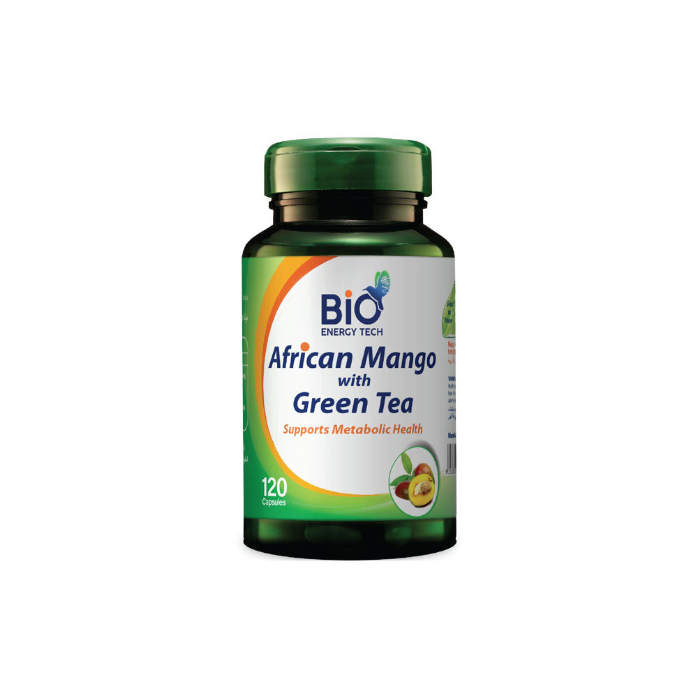 Bio Energy Tech African Mango with Green Tea supplement for weight management and metabolism support in a 60-capsule bottle.