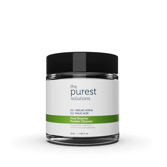 The Purest Solutions Fruit Enzyme Powder Cleanser – 55g exfoliates, purifies pores & smooths skin with fruit acid particles.