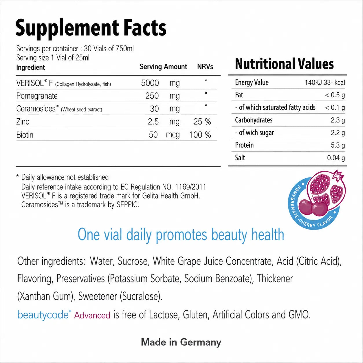 Beauty Code Advanced Marine Collagen Peptides Supplement Facts Label with 5000mg Verisol® Collagen, Ceramosides™, Biotin and Zinc