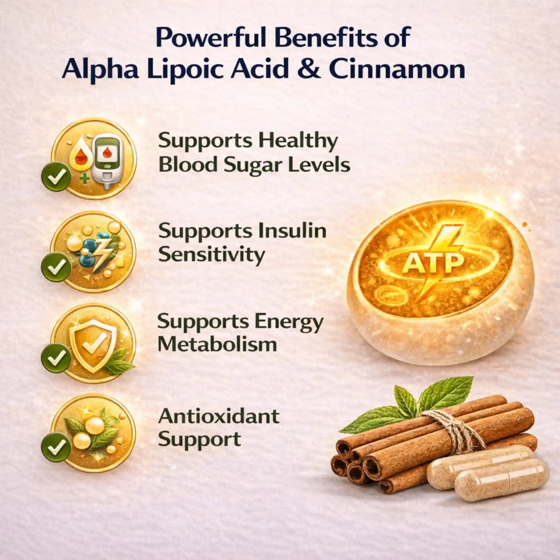 Blood sugar support supplement benefits with Alpha Lipoic Acid and Cinnamon