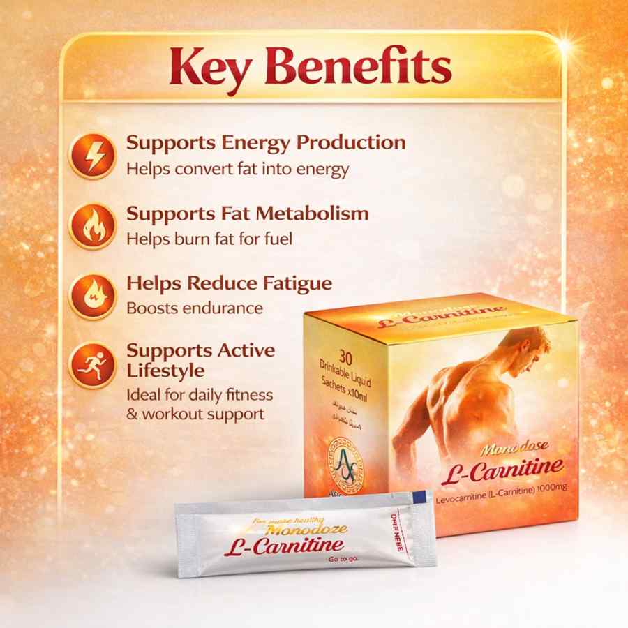 Monodose L-Carnitine 1000 mg benefits energy production fat metabolism active lifestyle support infographic