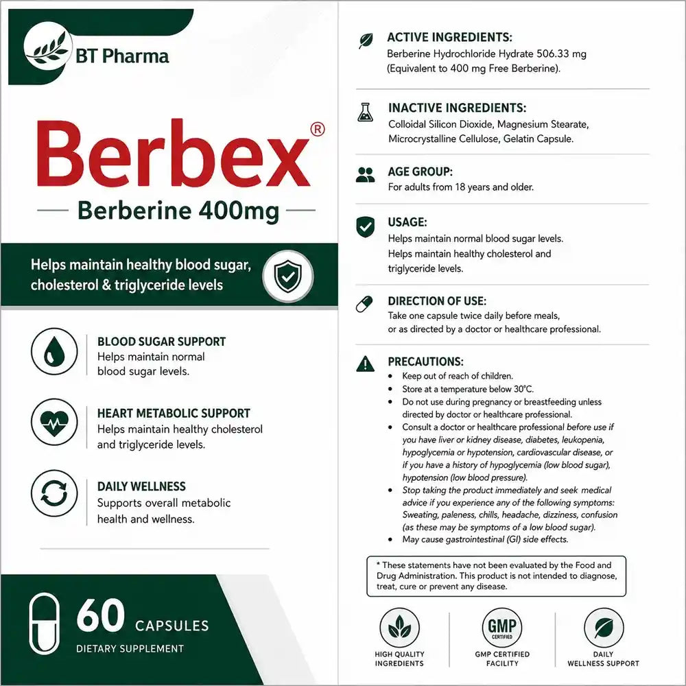 Berbex Berberine 400mg supplement facts and usage label