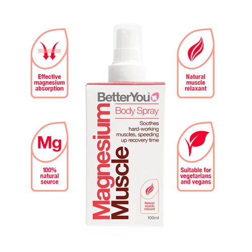 Close-up of BetterYou Magnesium Muscle Body Spray bottle, highlighting key ingredients like magnesium chloride, arnica, and capsicum.