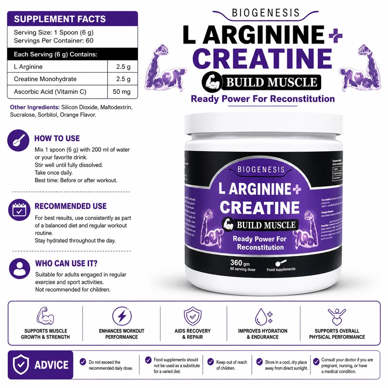 Biogenesis L-Arginine + Creatine 360 g – 60 Servings