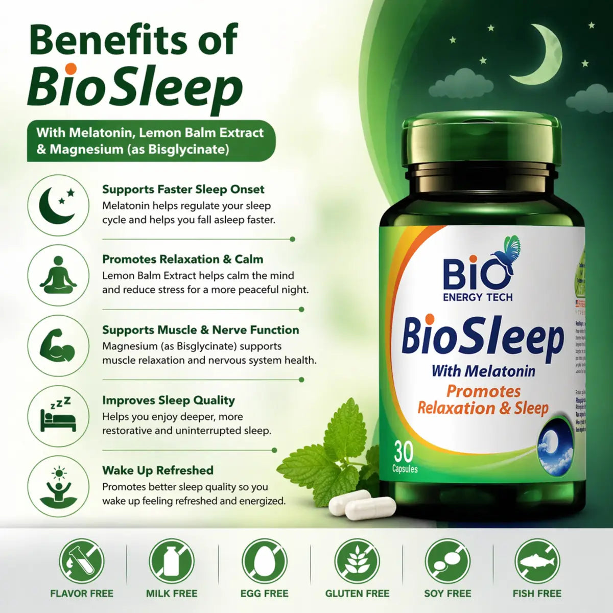Bio Sleep supplement ingredients benefits melatonin magnesium lemon balm for restful sleep support