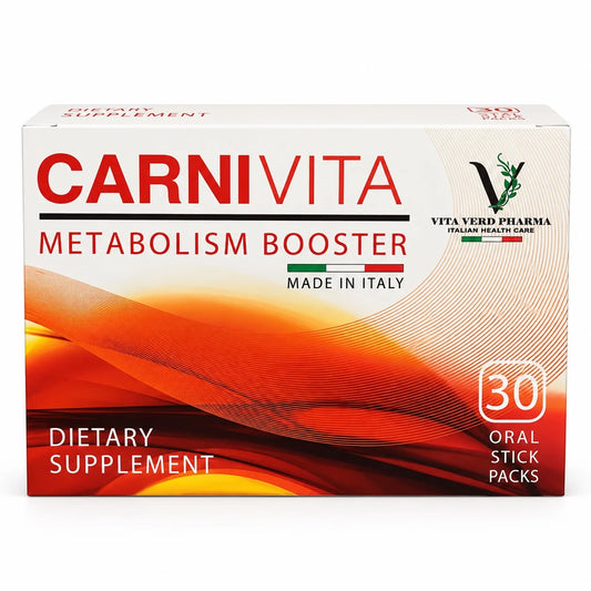 Carnivita L-Carnitine 3000mg Metabolism Booster by Vita Verd Pharma, made in Italy, 30 oral stick packs.