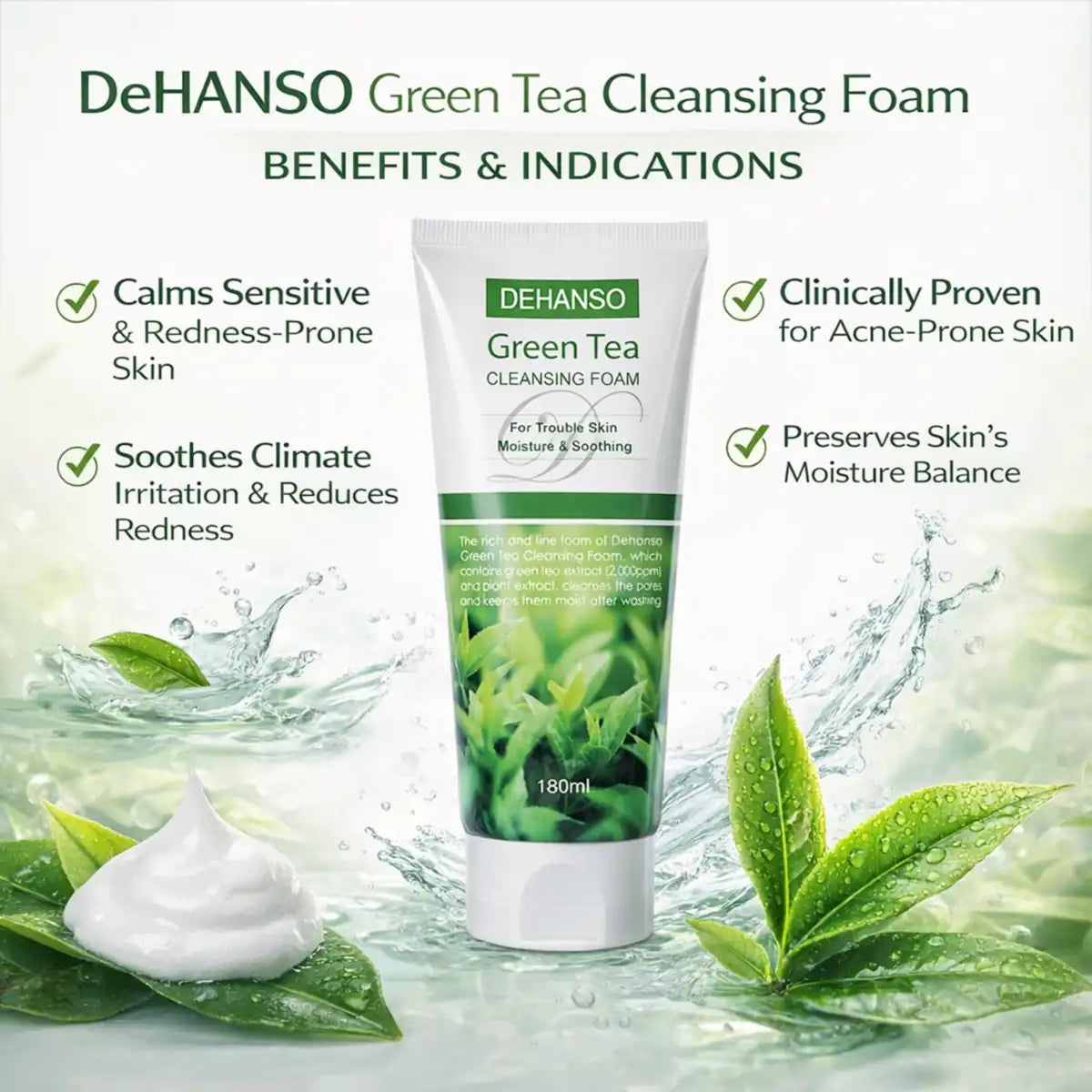 DeHanso Green Tea Cleansing Foam benefits image calming sensitive skin reducing redness acne prone skin hydrating cleanser green tea skincare